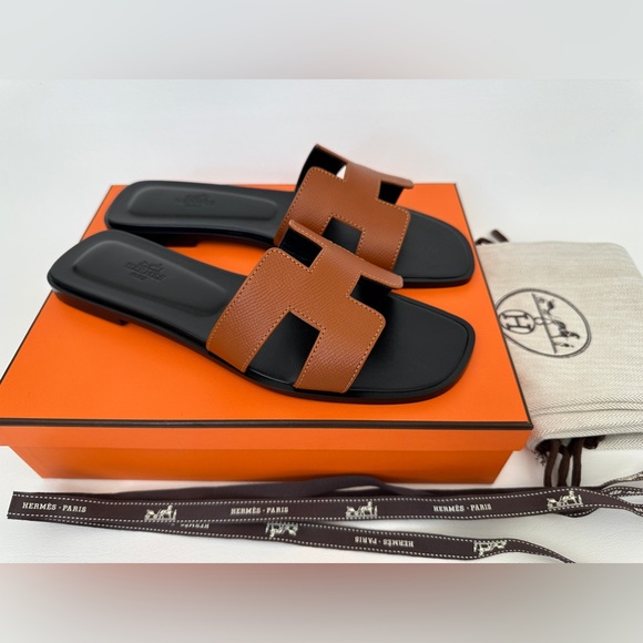HERMES ORAN SANDALS IN NATUREL BROWN EPSOM LEATHER. SIZE 38 NEW - Picture 5 of 14